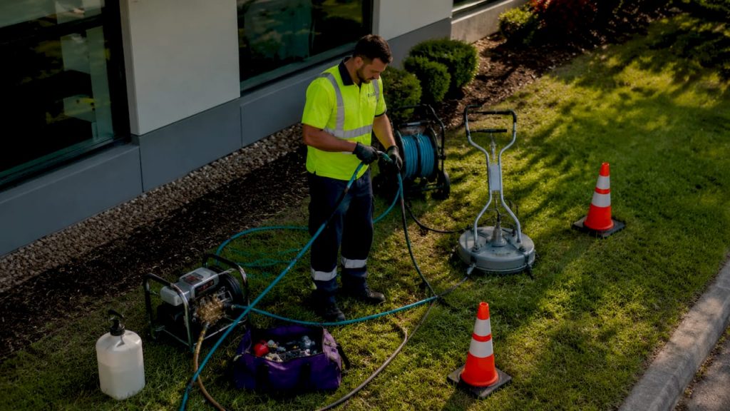 Commercial cleaner preparing exterior cleaning equipment