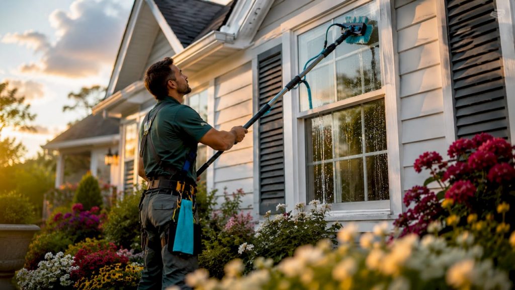 Window cleaner working on residential window outdoors