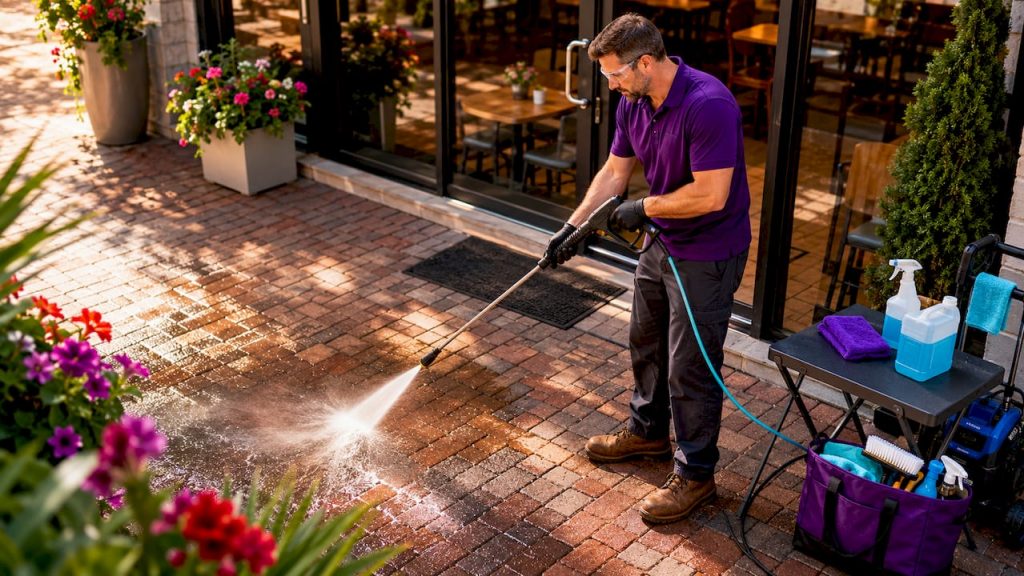 Small business owner pressure washing storefront sidewalk