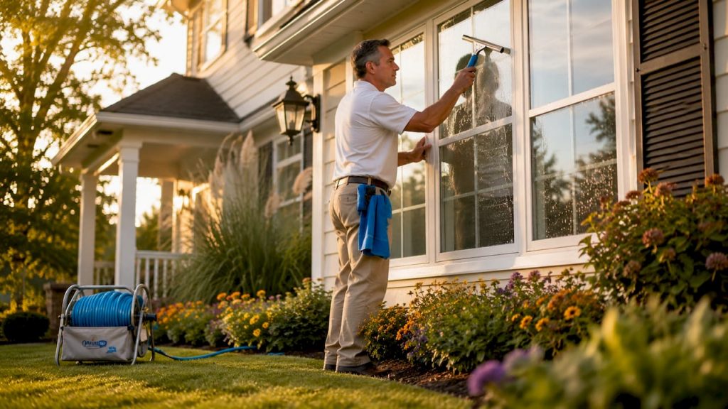 Man cleaning exterior windows on house