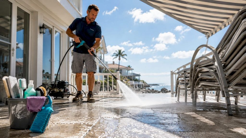 Professional cleaning rental patio with pressure washer