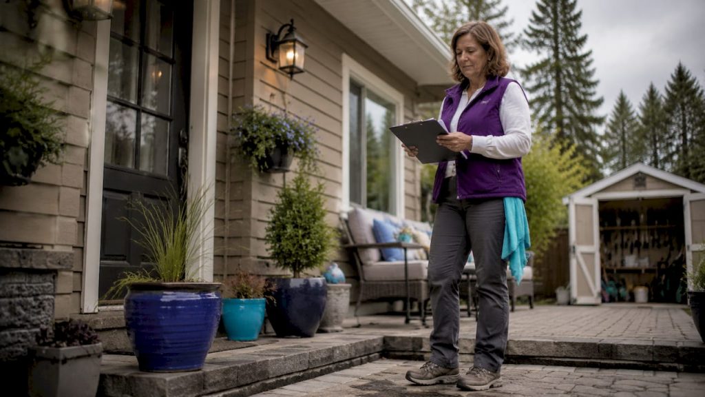 Property manager checking seasonal cleaning checklist outdoors