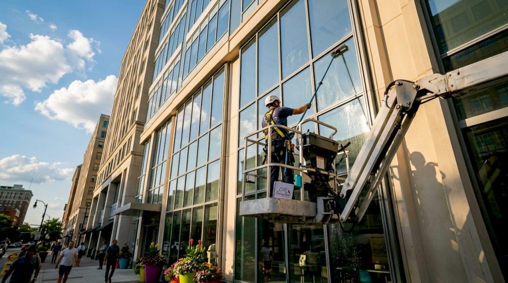 Window cleaner on aerial lift cleaning commercial glass