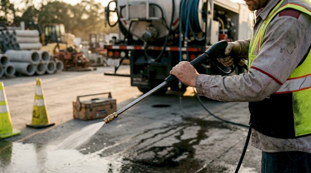 Technician pressure washing commercial concrete outdoors
