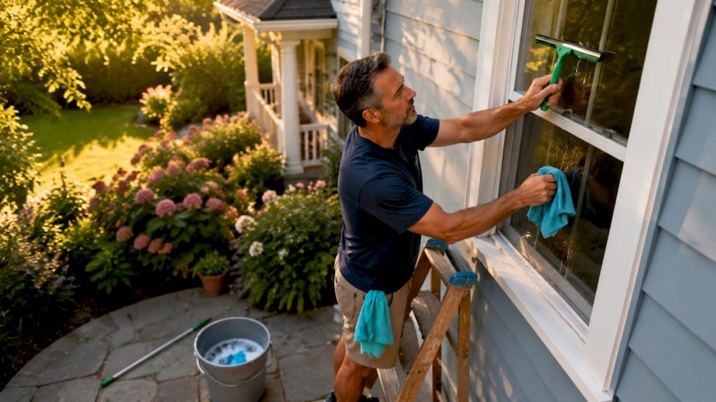 Homeowner cleaning a window with squeegee and cloth