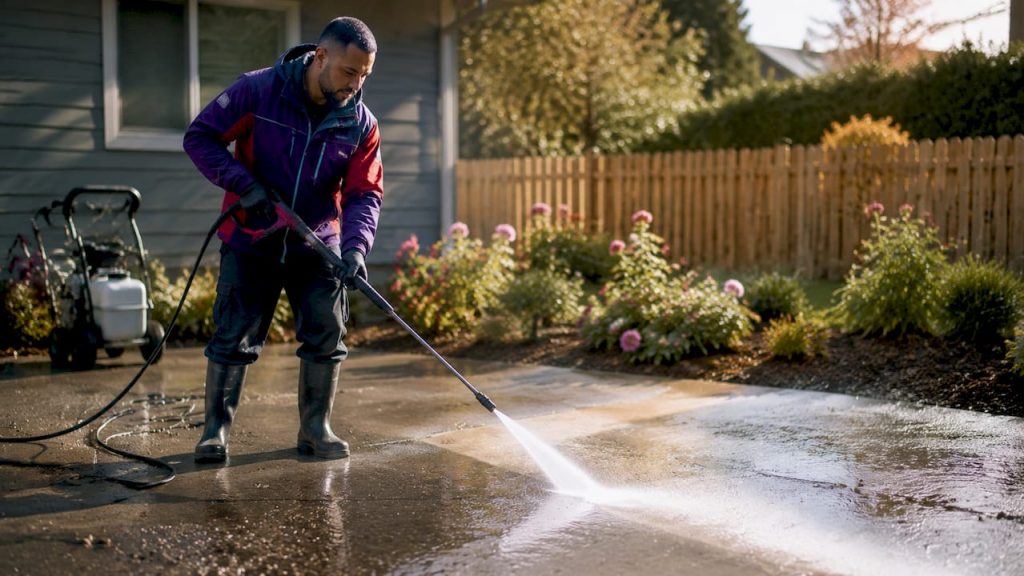 Worker pressure washing rental home driveway