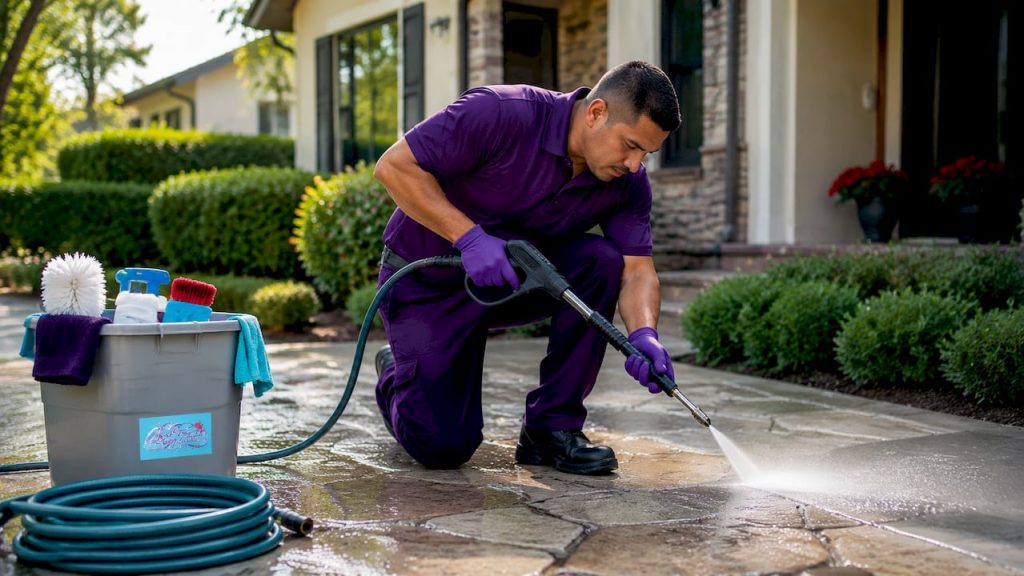 Cleaner power washing patio outside home