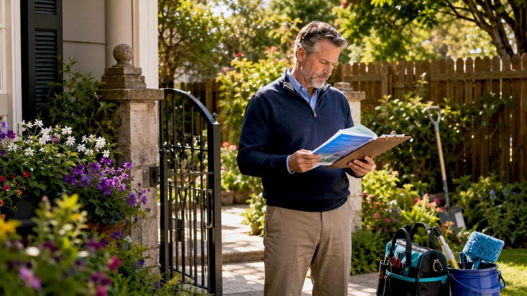Man reviewing window cleaning service options outdoors