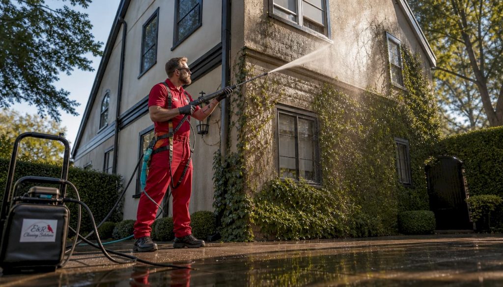 Technician power washing residential building exterior