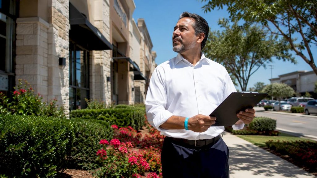 Property manager inspecting clean commercial exterior