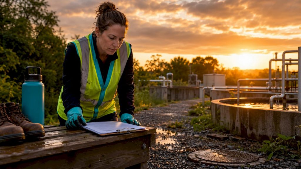 Manager inspecting commercial water reclamation system outdoors