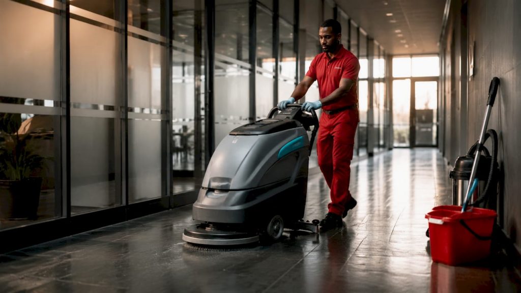 Technician using commercial floor scrubber in lobby