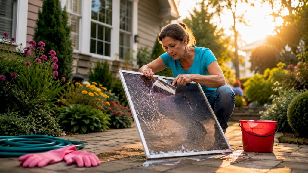 Woman cleaning window screen outdoors