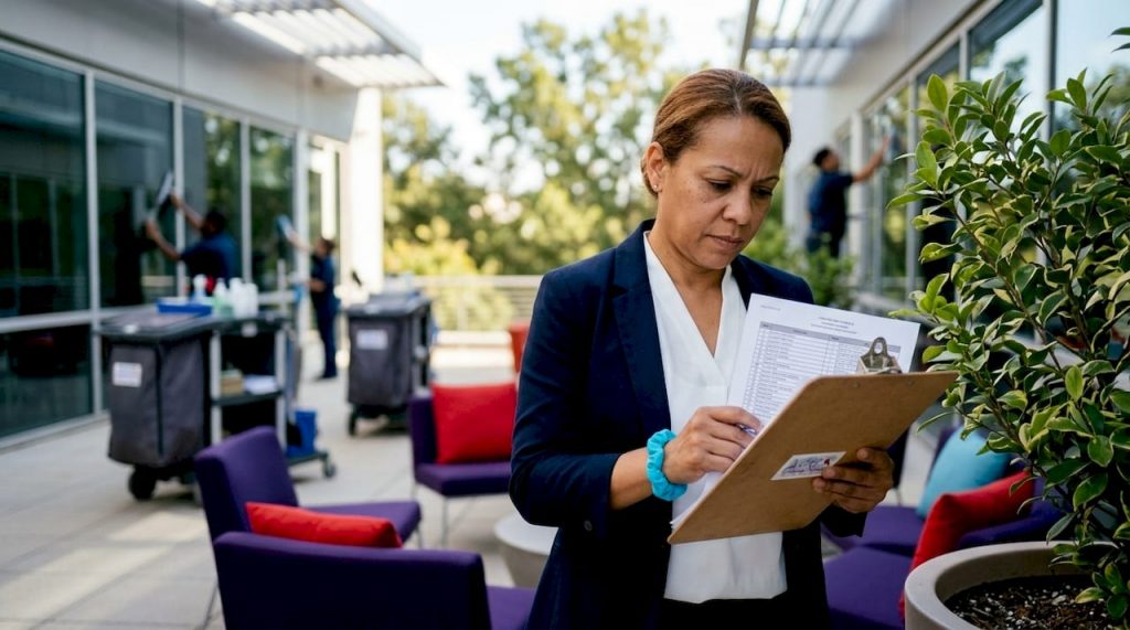 Facility manager reviewing cleaning schedule in lobby