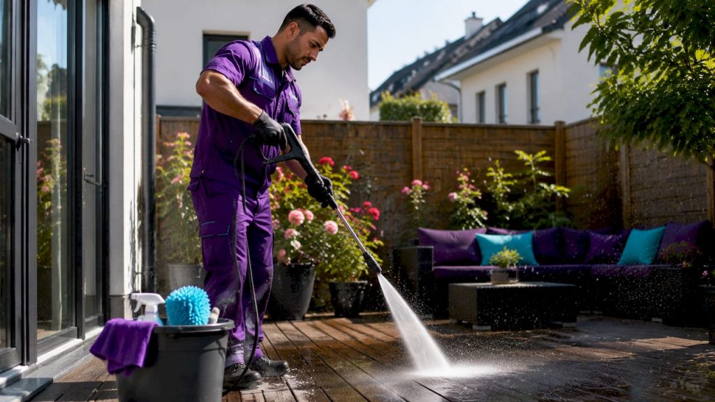 Professional pressure washing townhouse exterior