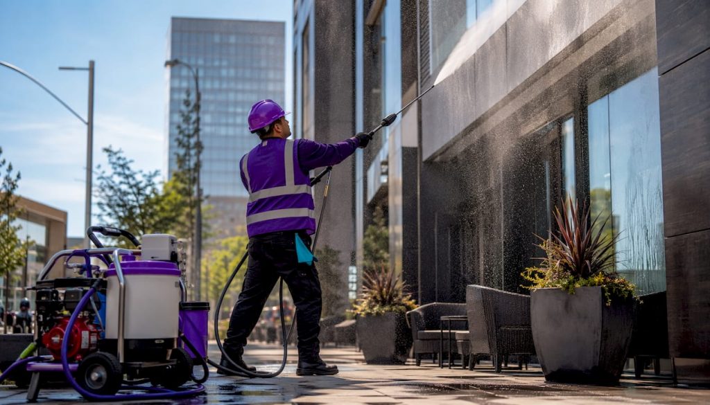 Technician soft washing commercial building exterior