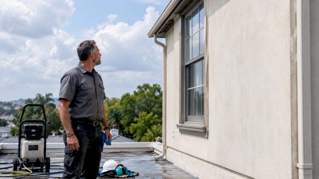 Veteran contractor inspecting cleaned building exterior