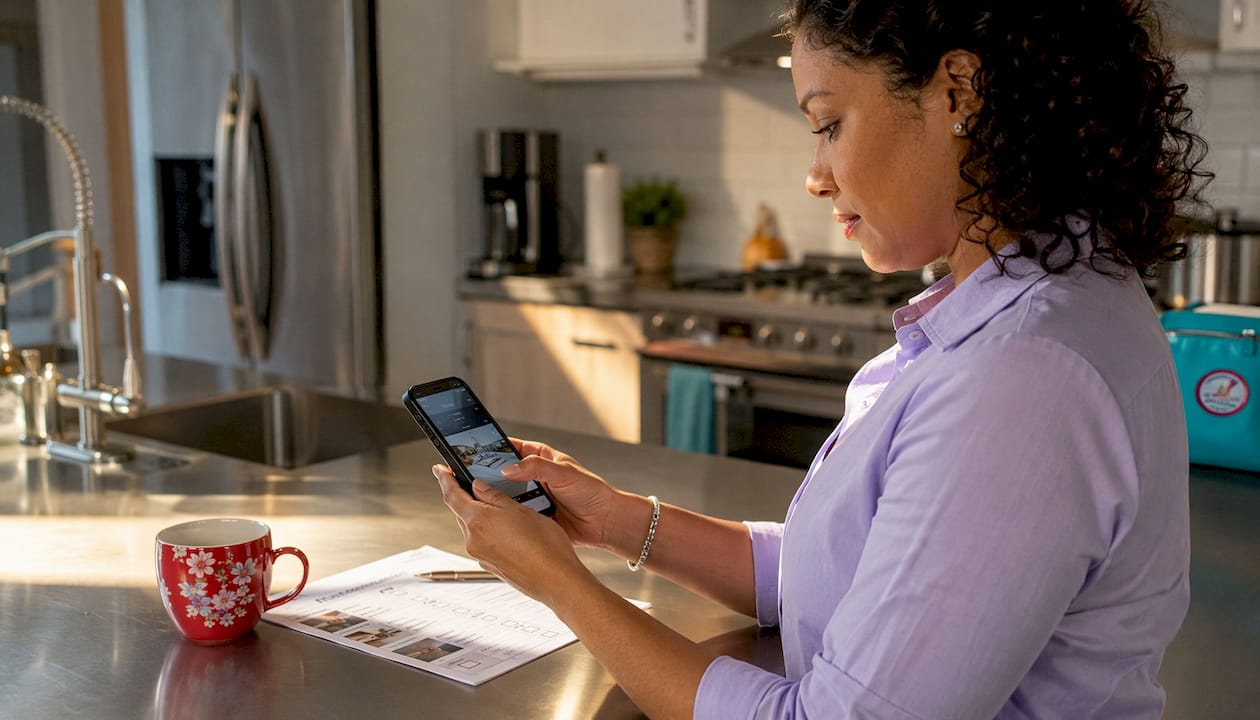 Hands holding phone with cleaning checklist on desk