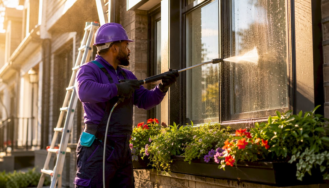 Worker pressure washing home windows outdoors