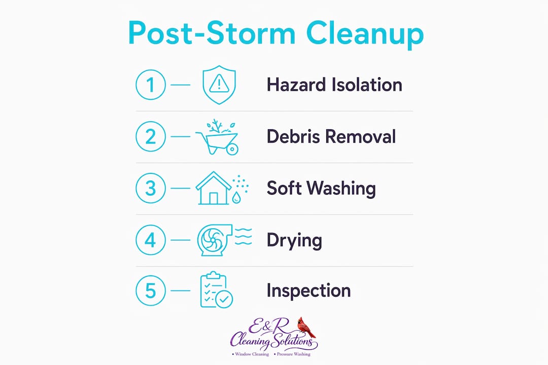 Vertical flow infographic showing post-storm cleanup steps