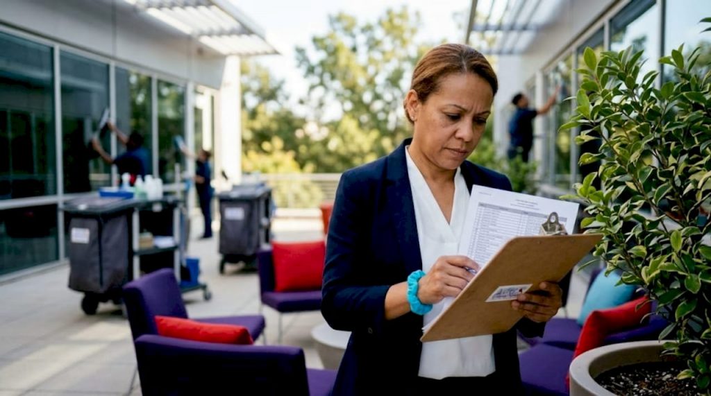 facility manager reviewing cleaning schedule in lobby