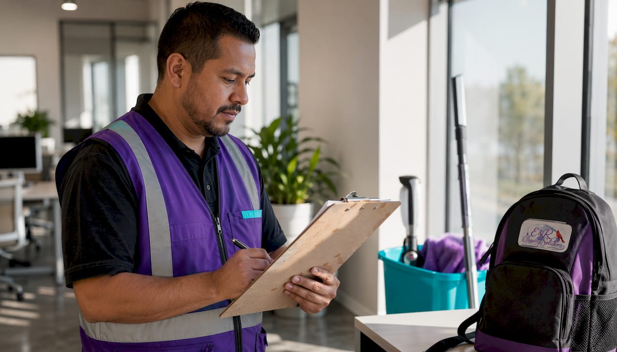 Facility manager reviewing cleaning preparation checklist