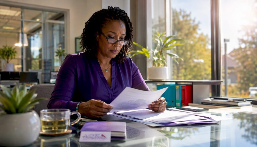 Property manager reviewing window cleaning documents
