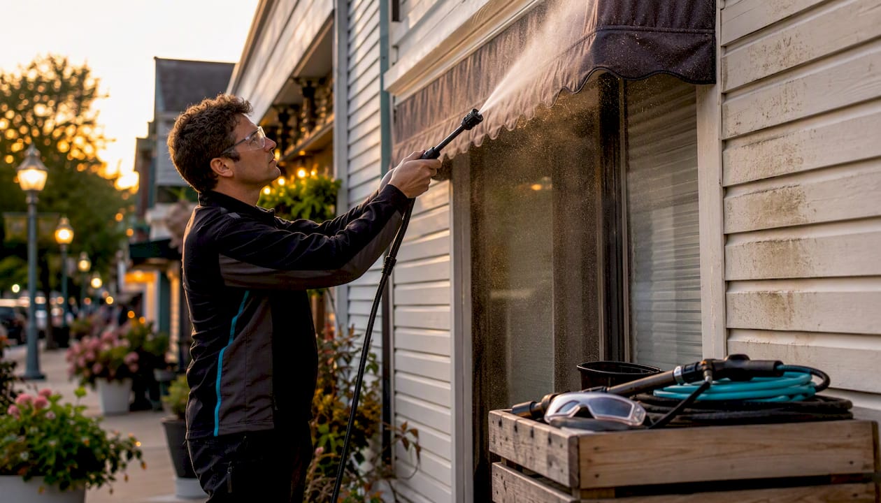 Soft wash cleaning of vinyl siding and awning fabric