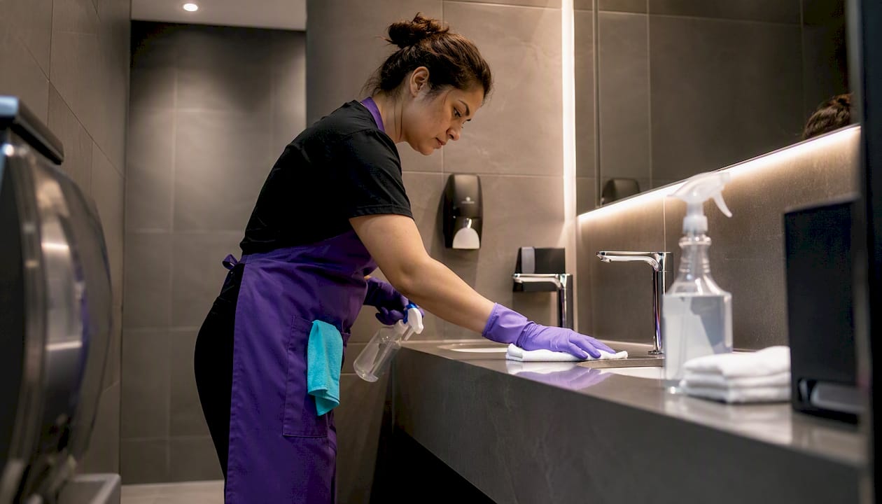 Retail staff cleaning high-touch restroom surfaces