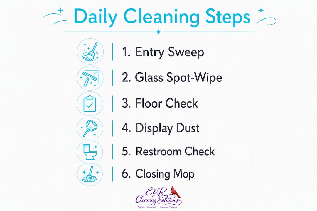 Infographic showing daily retail cleaning schedule steps