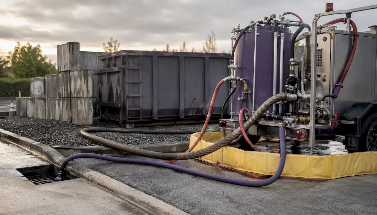 Wastewater recovery equipment at dumpster cleaning site