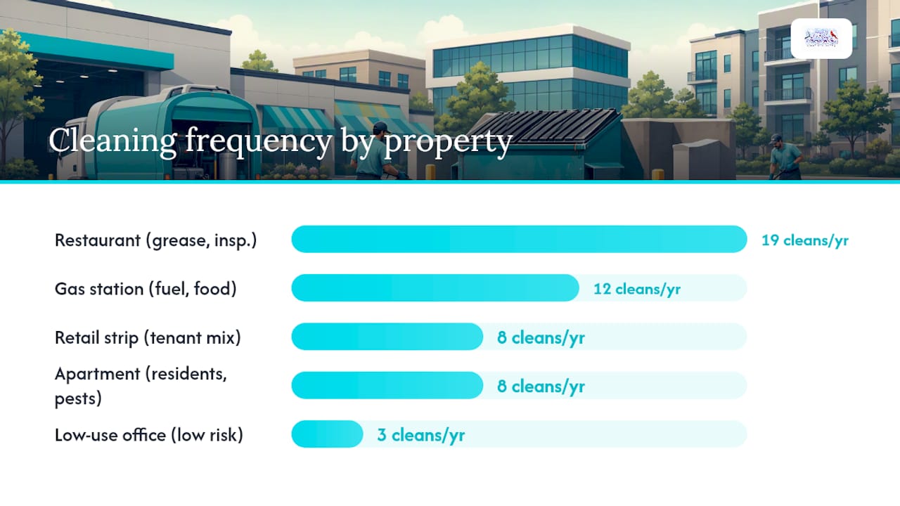 Diagram showing dumpster pad cleaning frequency and risk by property type