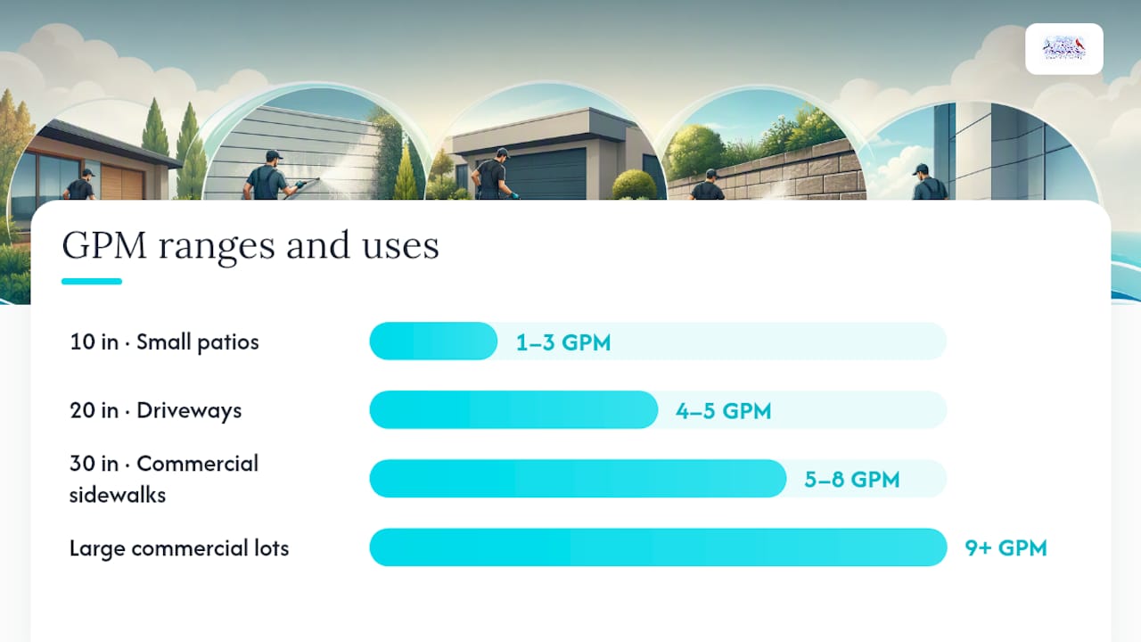 Diagram comparing GPM ranges, deck widths and suitable cleaning jobs