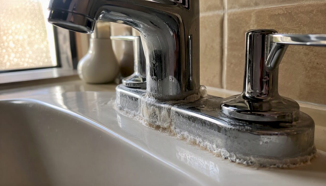 Soap scum buildup at base of bathroom faucet