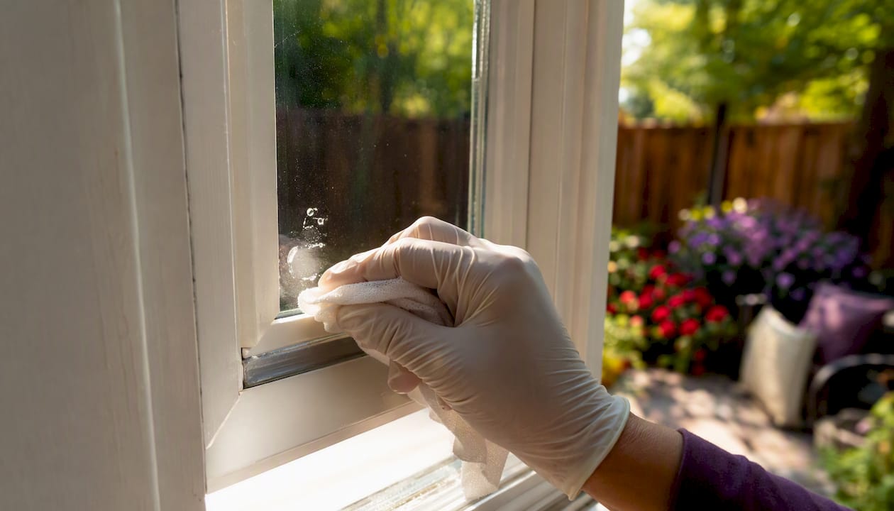 Hand applying vinegar spot test on window