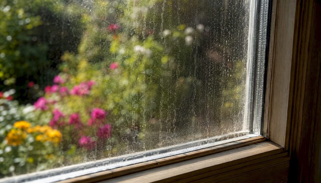 Close-up of etched window glass with mineral deposits