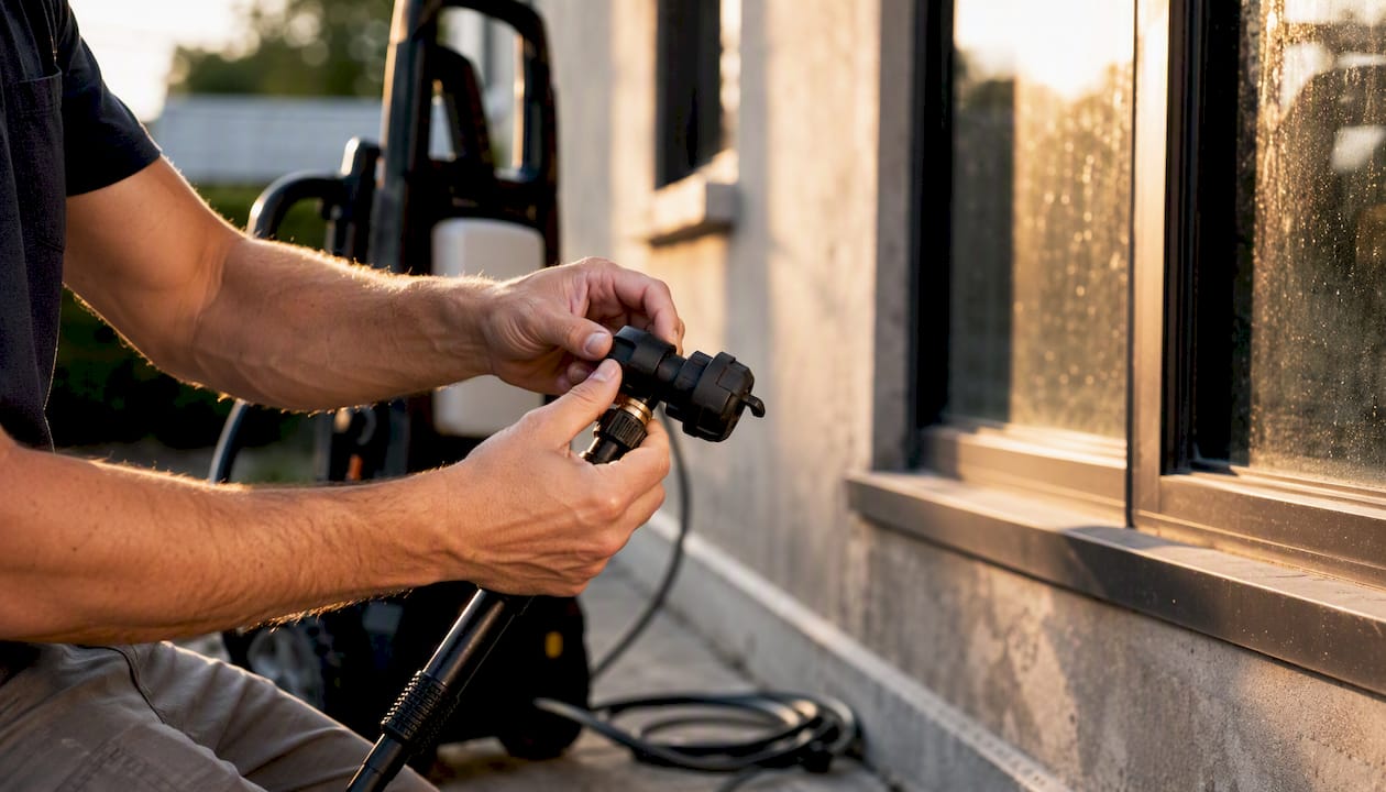 Hands adjusting pressure washer nozzle on window cleaning