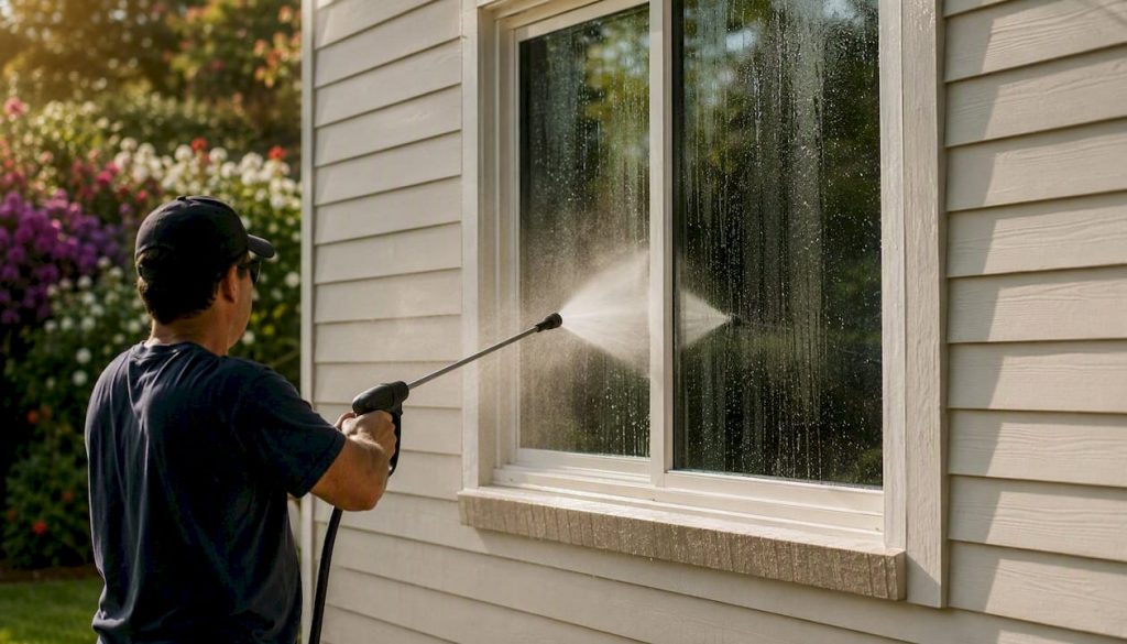 Pressure washing a residential window exterior