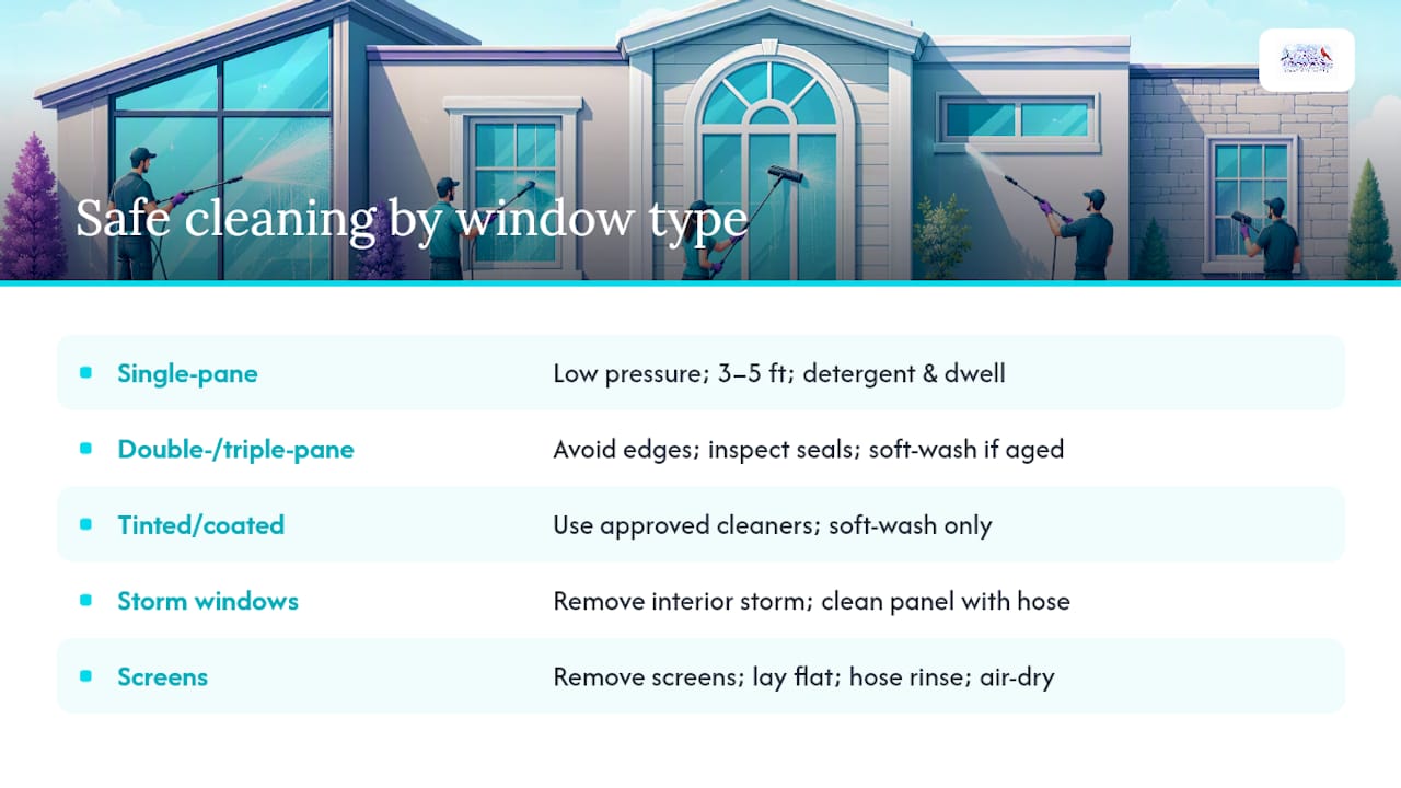 Comparison chart of window types and safe pressure washing methods