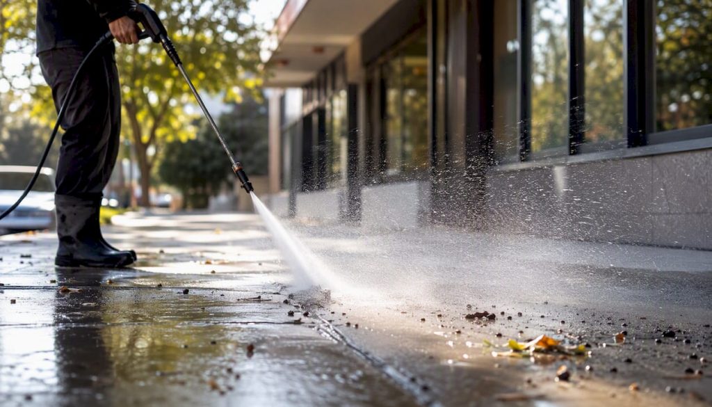 Pressure washing retail storefront sidewalk in spring
