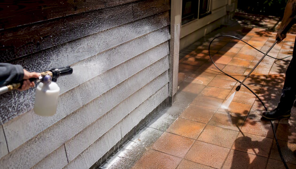 Soft wash on brick facade and pressure wash on concrete sidewalk