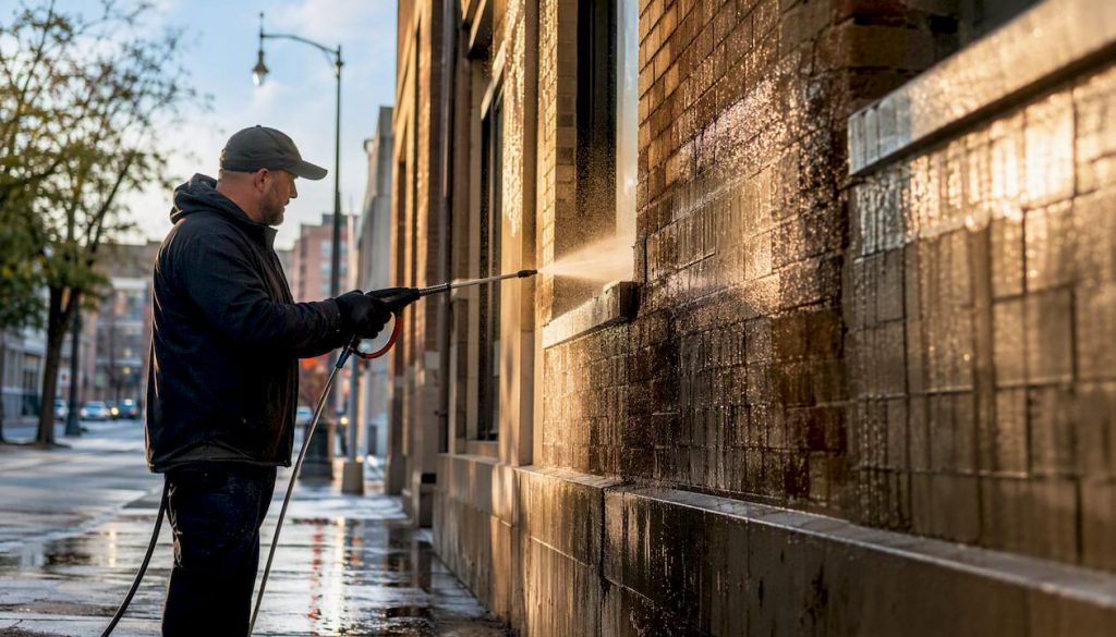 Professional pressure washing storefront facade