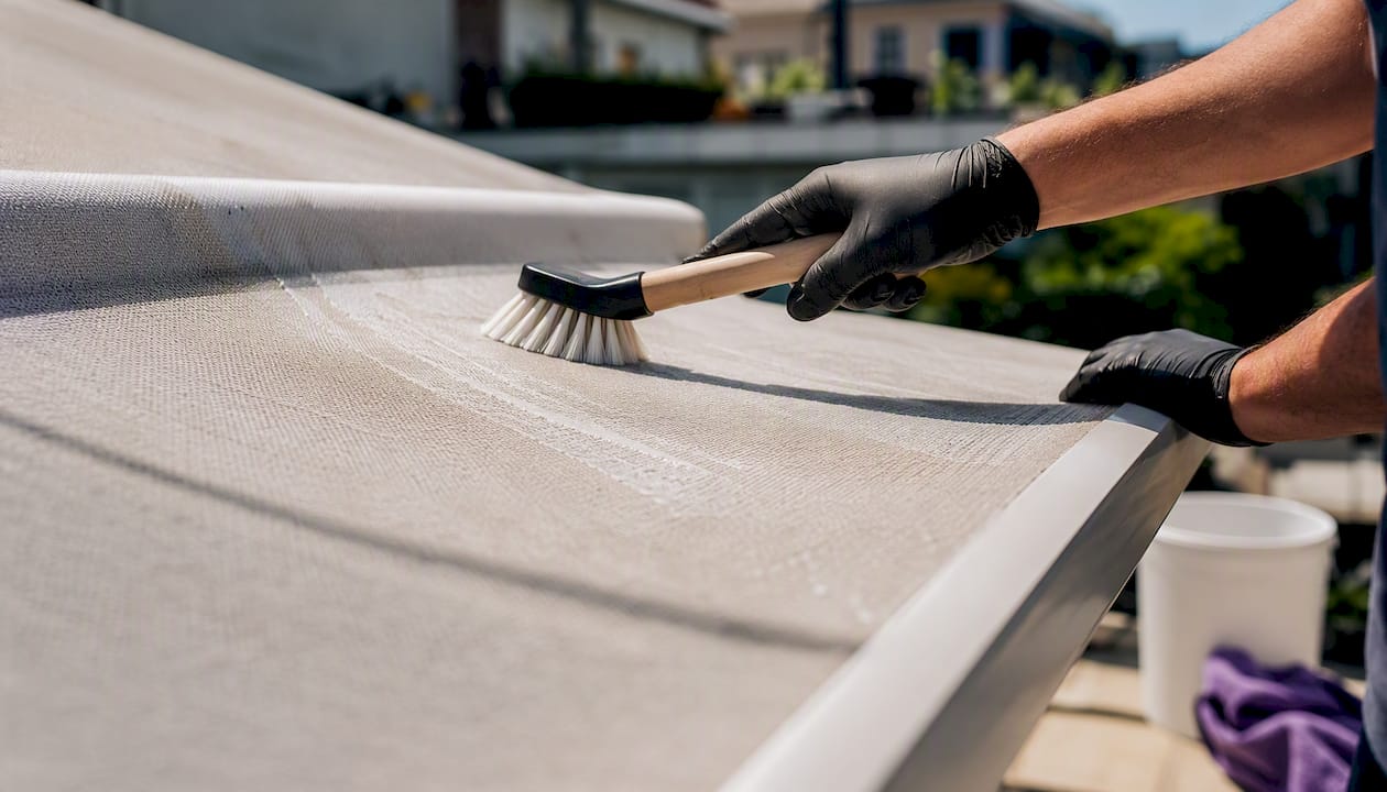 Close-up of soft washing awning fabric with brush