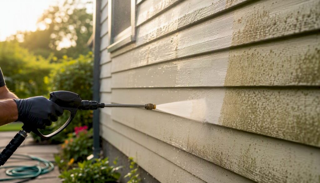 Pressure washing cleaning painted house siding