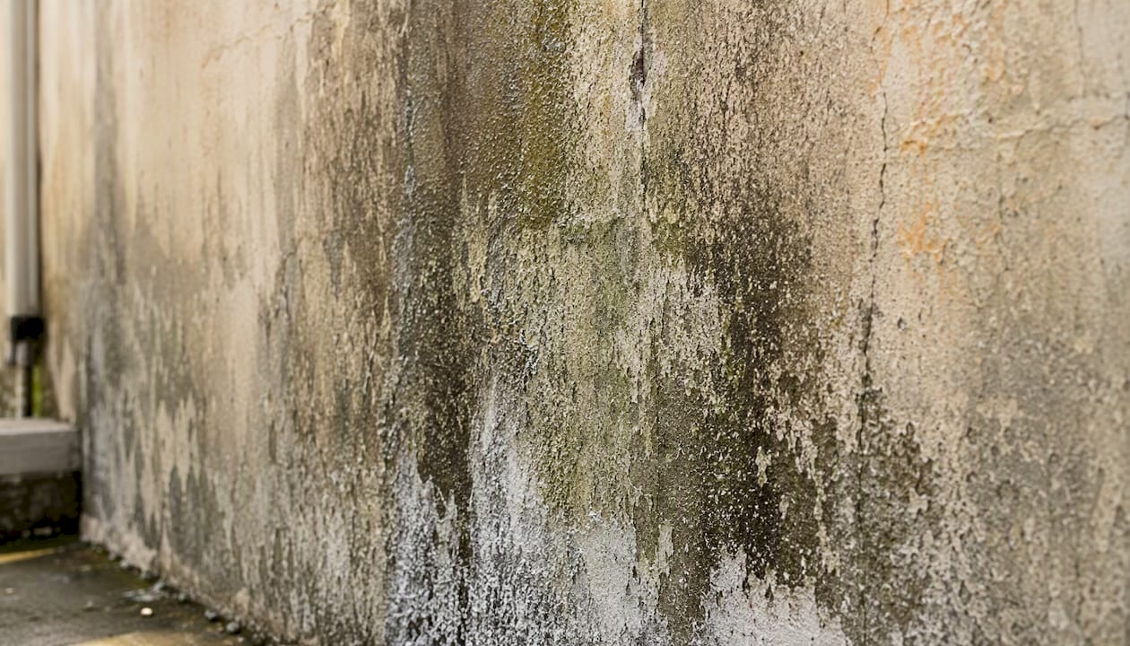 Algae and mold growth on painted wall