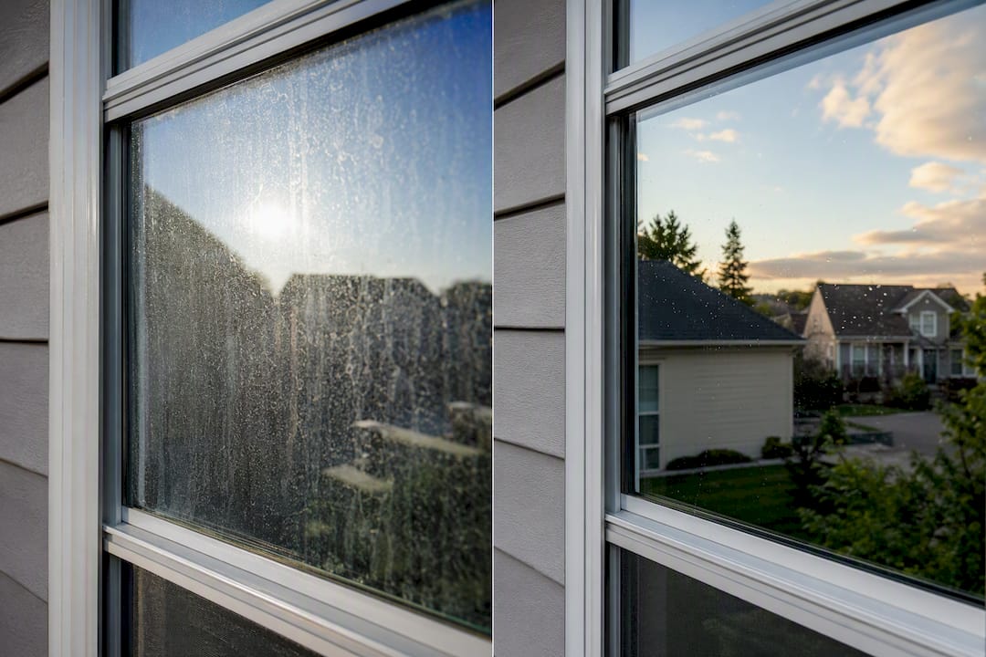 Split image showing rental window before and after cleaning