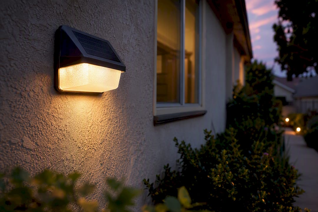 Solar outdoor light glowing on rental exterior wall