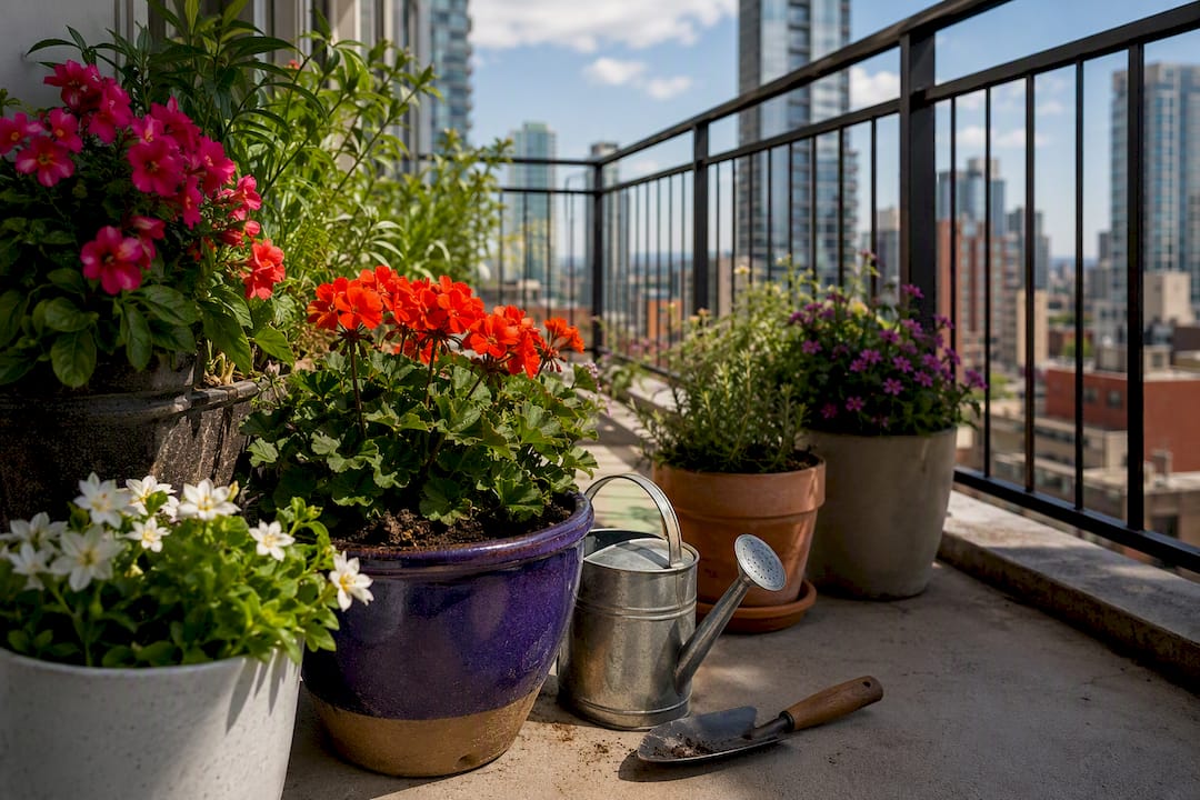 Flowering plants in containers on rental porch
