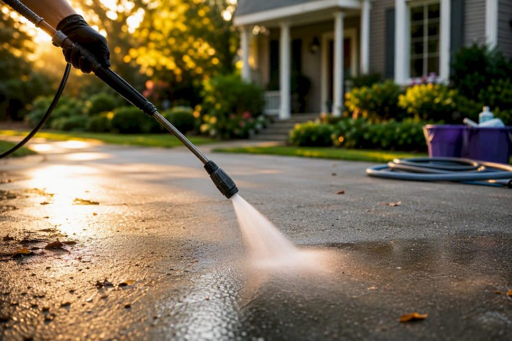 Pressure washing driveway of rental property