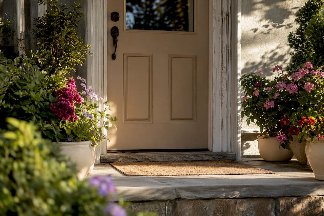 Rental property front door with plants and doormat
